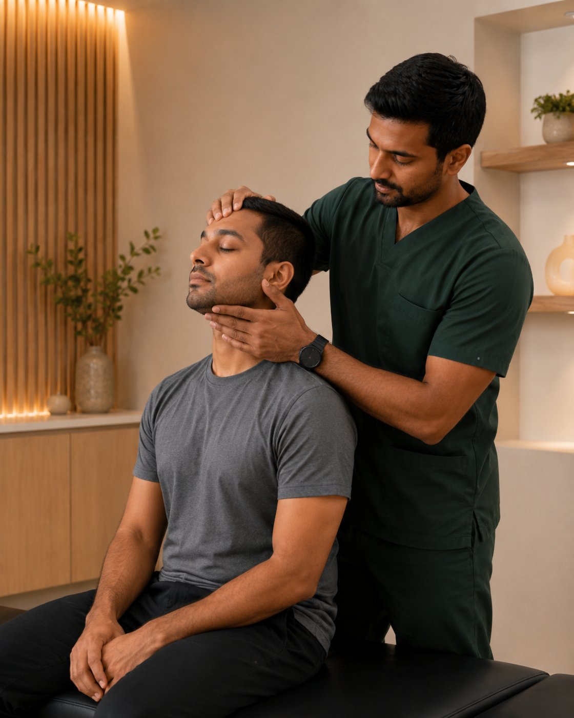 Chiropractor performing cervical spine treatment at Ceylon Heritage Wellness