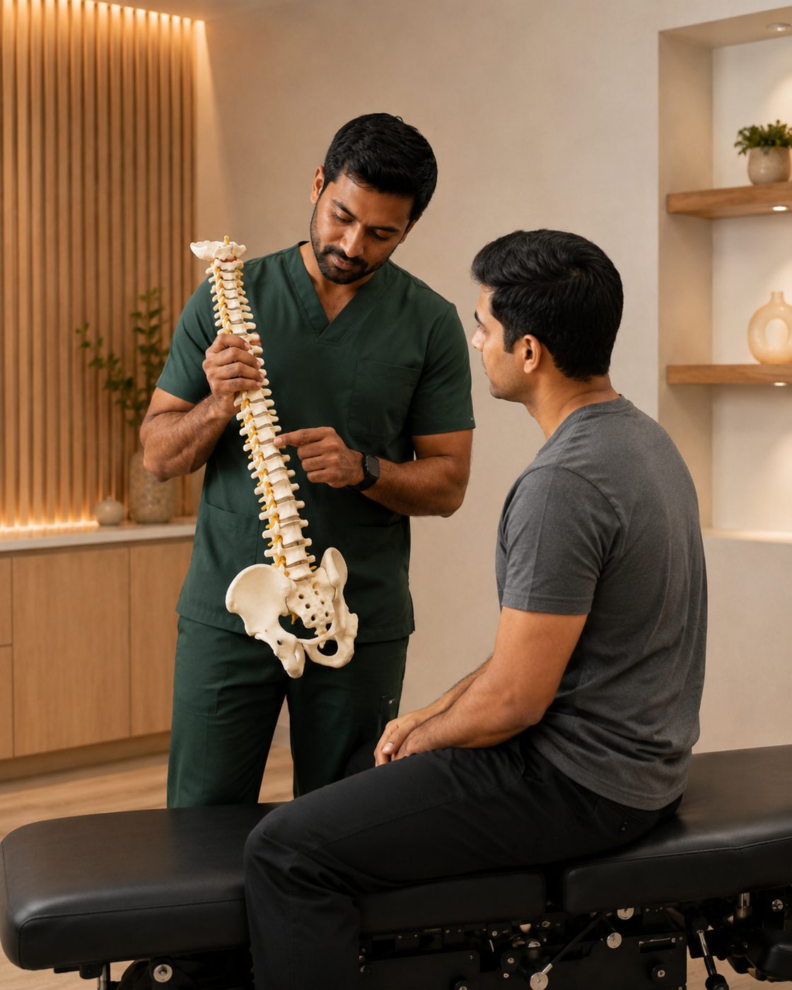 Practitioner explaining spinal structure to patient
